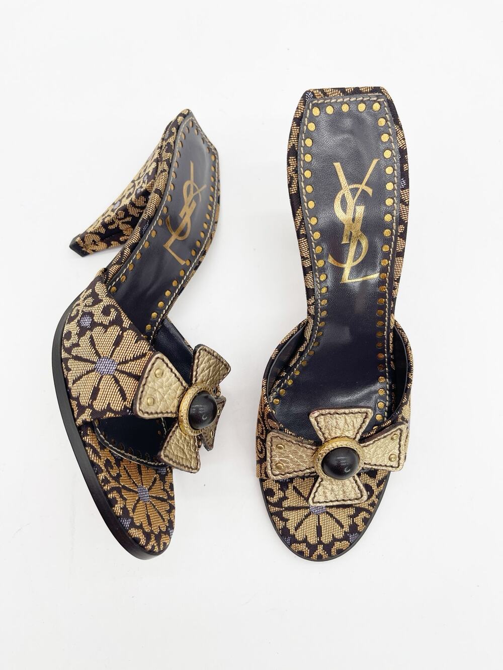 Yves Saint Laurent YSL Vintage Y2K Casablanca 85 Gold Brocade Slide Heels EU 37